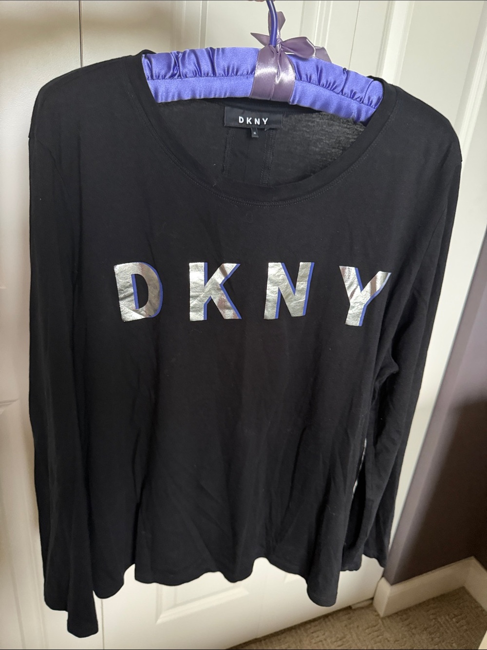 DKNY Black Long-Sleeve Cotton Tee with Metallic Silver Logo